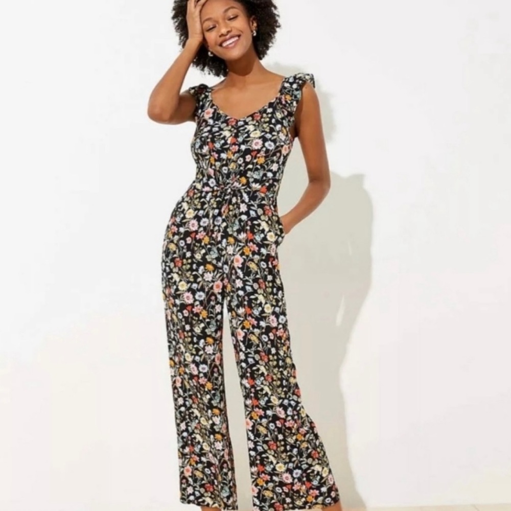 Loft Ruffle Sleeve Black and Floral Jumpsuit Size 2